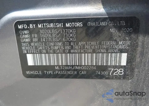 2021 Mitsubishi Mirage Carbonite Edition/Es/Le z USA, uszkodzony, nr VIN ML32AUHJ9MH002284